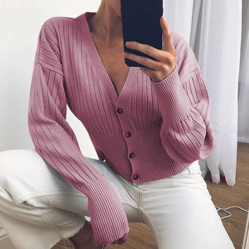 Женский свободный свитер пальто розовый вязаный пикантный зимний с V-образным