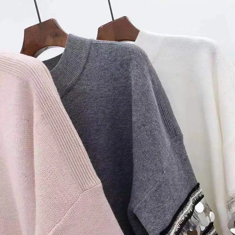 Женский кашемировый свитер с аппликацией элегантный длинный пуловер блестками и