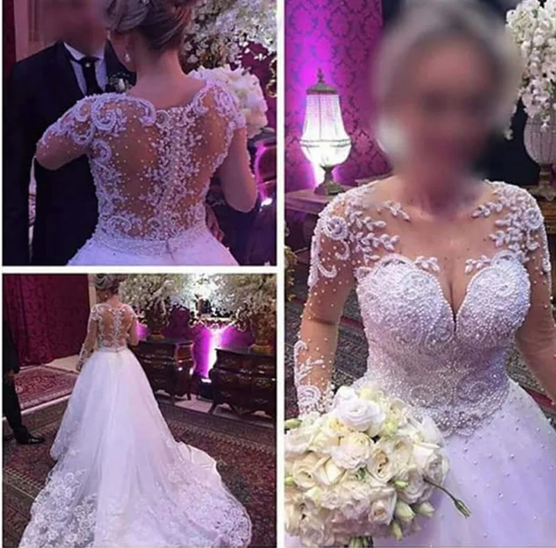 

Vestidos De Novia Illusion Pearls Wedding Dress 2021 Custom Made Appliques Long Sleeves Bridal Gown Robe De Mariee