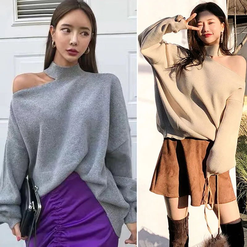 New fashion Female Off-shoulder halter Slim Bottom Sweater Solid Color Loose Split Long-Sleeved Autumn Winter Women
