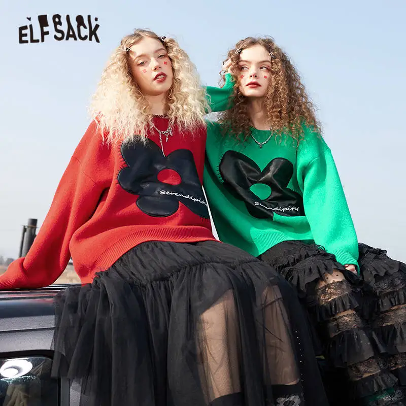 

ELFSACK Harajuku Florla Print Applique Casual Knit Pullover Knitwear Women,2022 Winter New Year Vintage Korean Girly Sweater Top