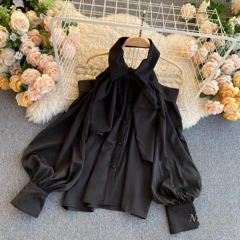 

Sexy Halter Top Women 2021 Sping Summer New Backless Shirt Women's Puff Sleeve Fashion Blusa Bow Collar Solid Color