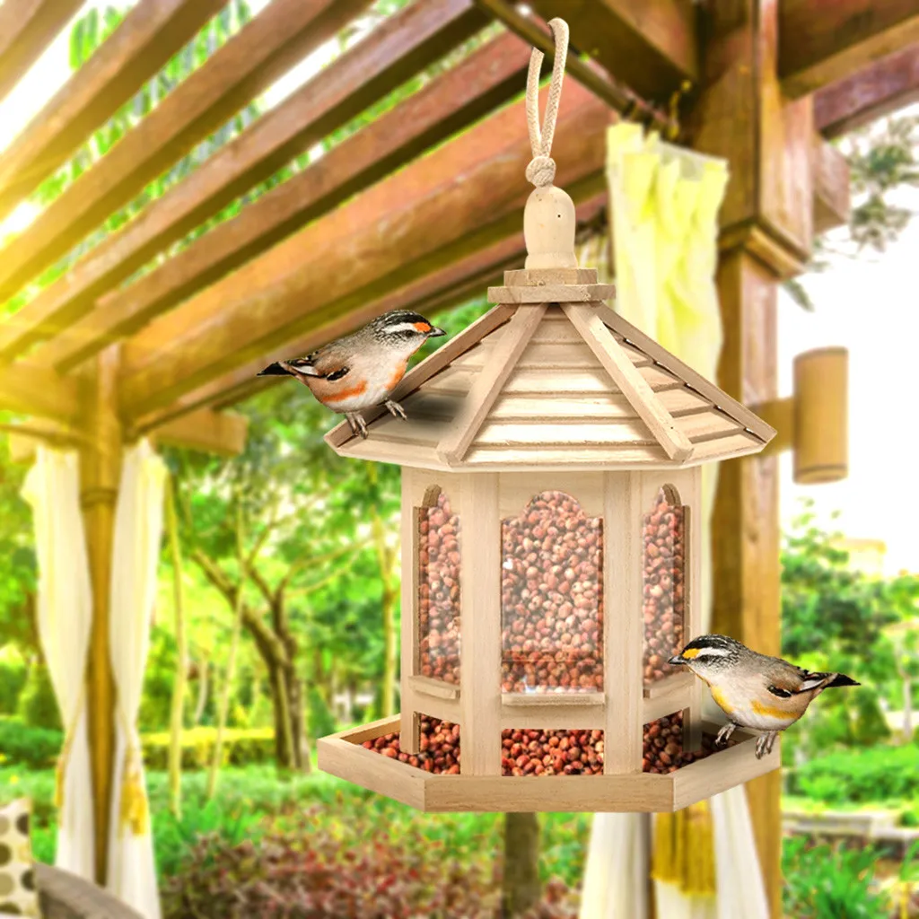 

Wooden Bird Feeder Hanging For Garden Yard Decoration Hexagon Shaped With Roof