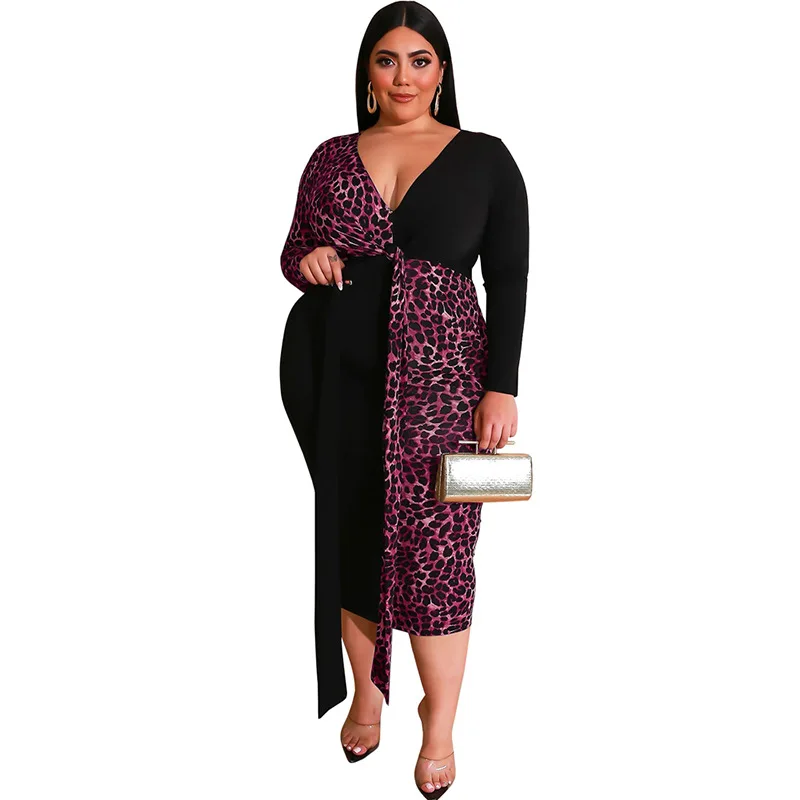 Plus Size Dress Womens Leopard Lace Up Sexy V Neck Winter OL High Waist Pencil Dresses Wholesale Dropshipping MT705 | Женская одежда