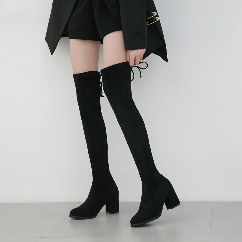 Autumn Winter Warm Over The Knee Boots Suede Short Plush Women's High Boots Long Tube Lace Up Elastic Fabric Women Boots Shoes