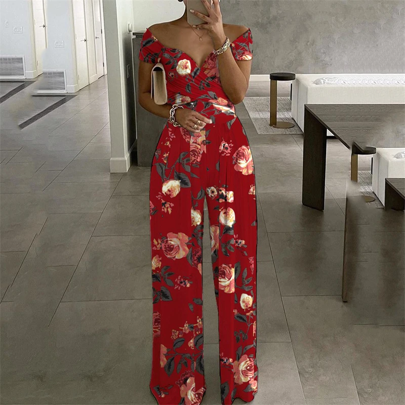 

2021 Summer Casual Women Floar Jumpsuits Sexy V Neck Off Shoulder Wide Leg Pants Loose Playsuit Short Sleeve Beach Party Romper