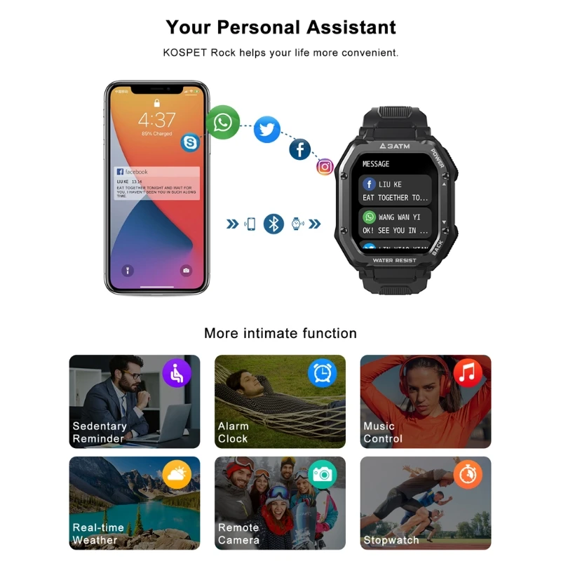 

KOSPET ROCK Smartwatch Rugged Watch for Men Outdoor Sports 3ATM Waterproof Fitness Tracker with Blood Pressure Monitor