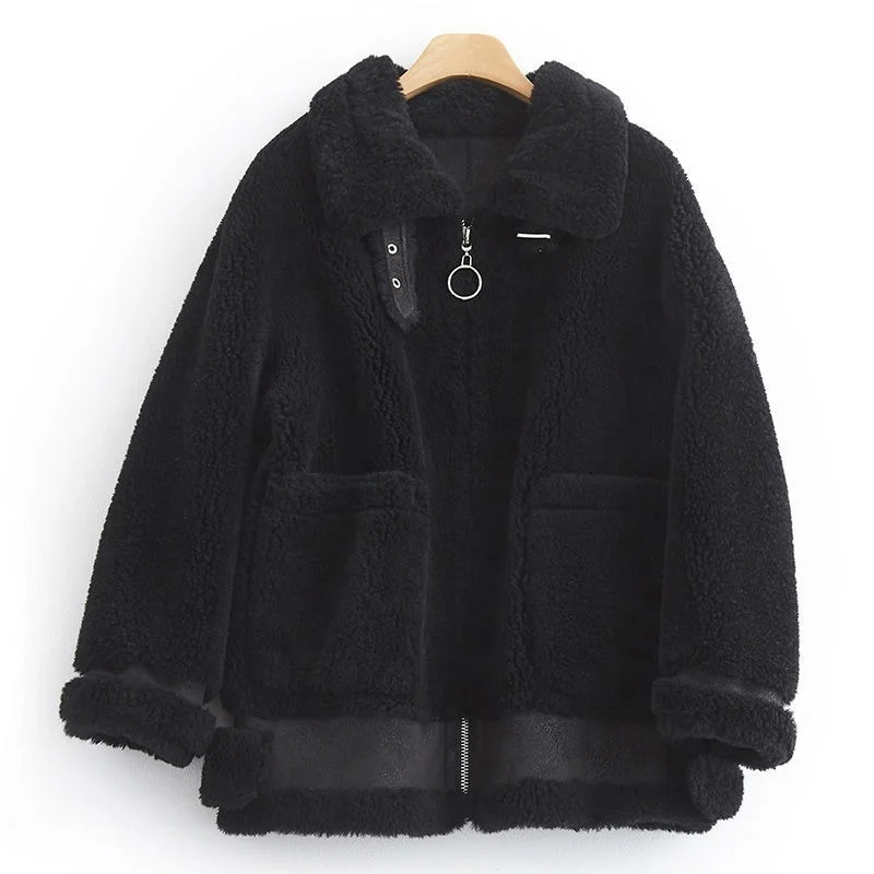 Sheep Sheared Female Brief Paragraph Coat Warm Thick Fur Coat Compound Fur Lambs Wool Coat Stand Collar Shearling Coat X97 enlarge