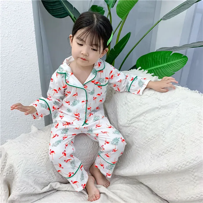 Flamingo prints Детский пижамный комплект на весну-осень, детские пижамы с принтом вишни и клубники, одежда для сна для маленьких мальчиков и девочек, детские пижамы с длинными рукавами - Цвет: Flamingo prints