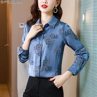 vintage print floral womens blouses 2022 new spring long sleeve button up shirt elegant jacquard satin blouse blue pink tops