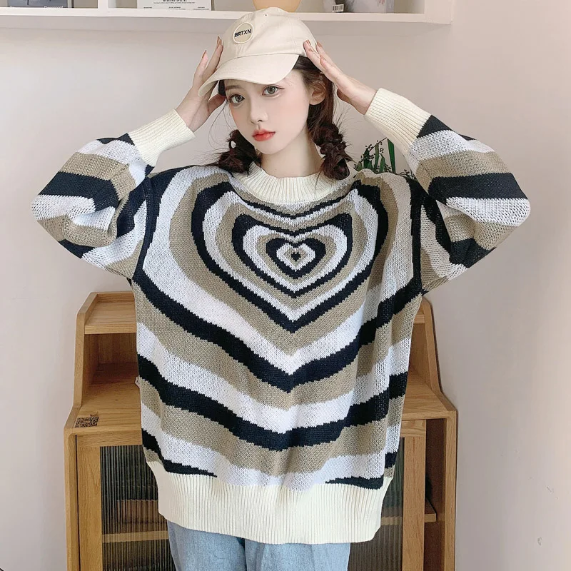 

Autumn Sweater Women Harajuku College Style Loose Round Neck Long Sleeve Pullover Love Color Matching Stripes Oversized Kinting