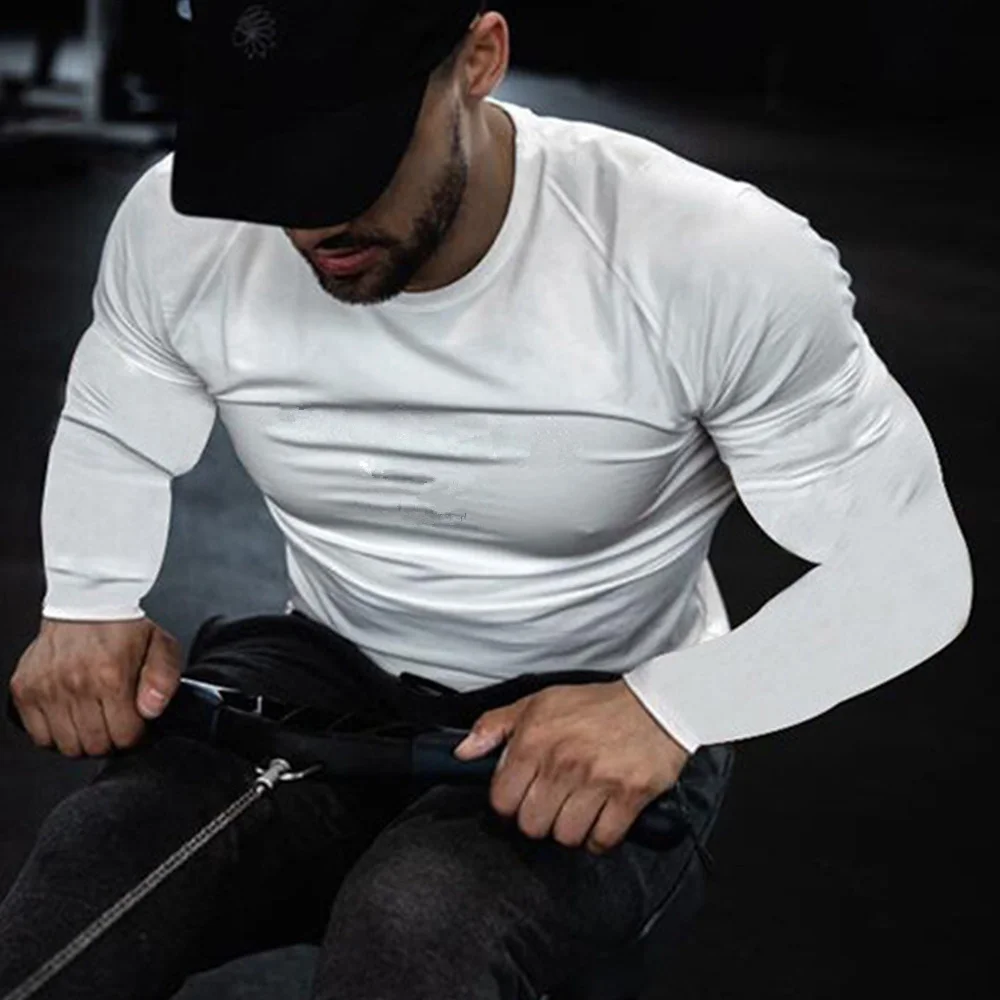 Повседневная хлопковая футболка с длинным рукавом Мужская облегающая для