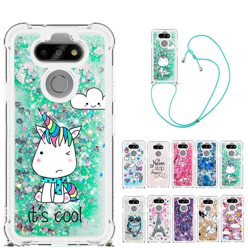 

Strap Lanyard Cartoon Phone Case For LG K31 K30 Aristo 5 Plus Risio 4 Fortune 3 Phoenix 5 K8X TPU Glitter Liquid Back Cover