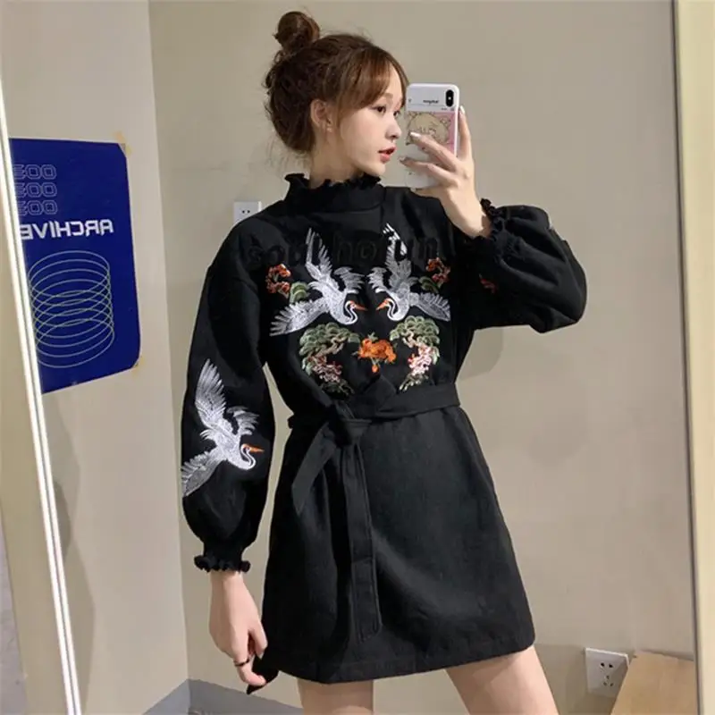 Женские платья японские Ulzzang винтажные с вышивкой Журавля рукав фонарик