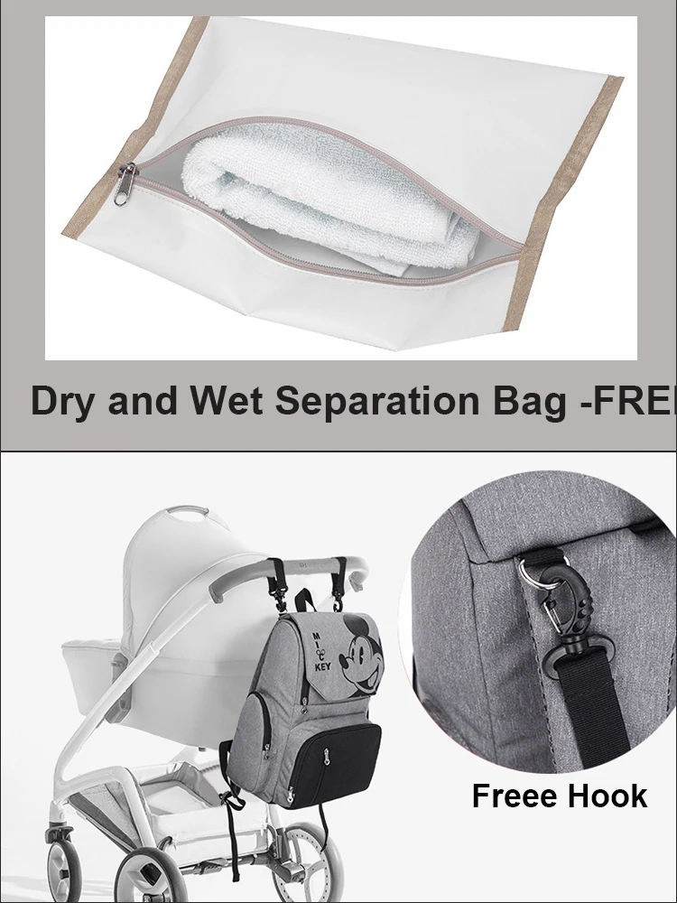 Disney Grey Maternity Backpack Diaper Bag Waterproof USB Baby Bag Organizer Nappy Maternity Bag Free 1Pair Hooks Baby Essentials images - 6