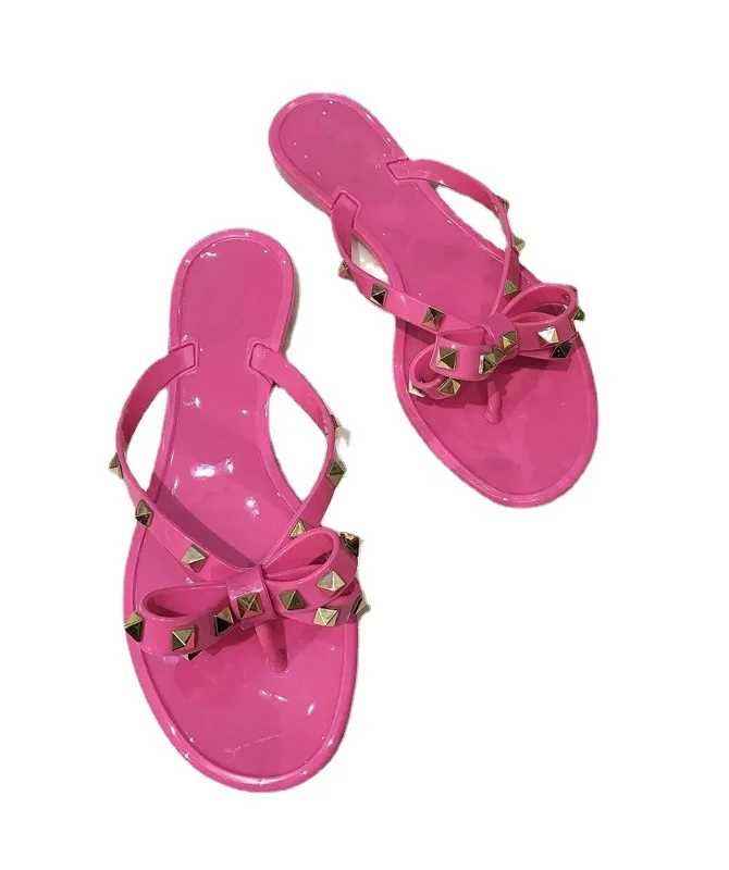 

2021 spring and summer casual Sandals Flip Flop bow solid rose red slippers women's shoes rivet