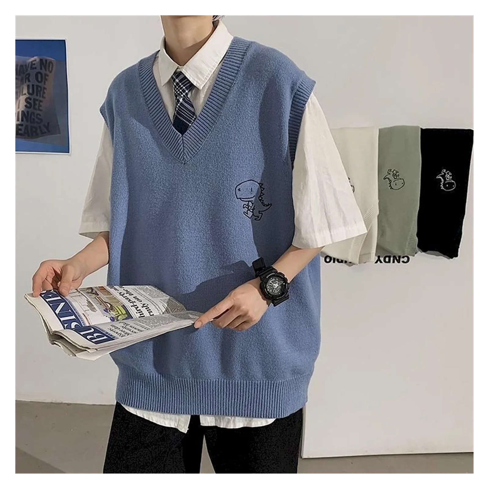 

2021NEW 2021 Spring Men's Trendy Dinosaur Sweater Embroidered Loose V-neck Sweater Vest Woman Casual Streetwear Tops Clothing