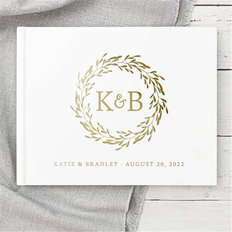 

Индивидуальная Свадебная книга с изображением пейзажа, белая Золотая фольга, индивидуальная монограмма, доступны цвета, сувенирная книга