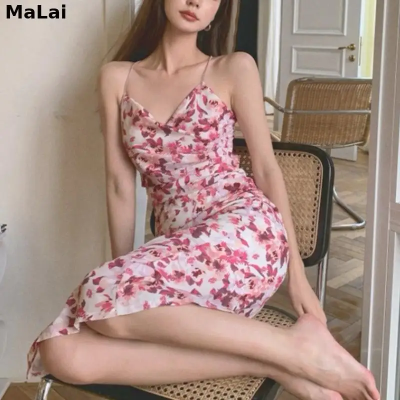 

Элегантное платье на завязках с цветочным рисунком платья для женщин в Корейском стиле с низким вырезом на спине летнее пляжное платье миди...