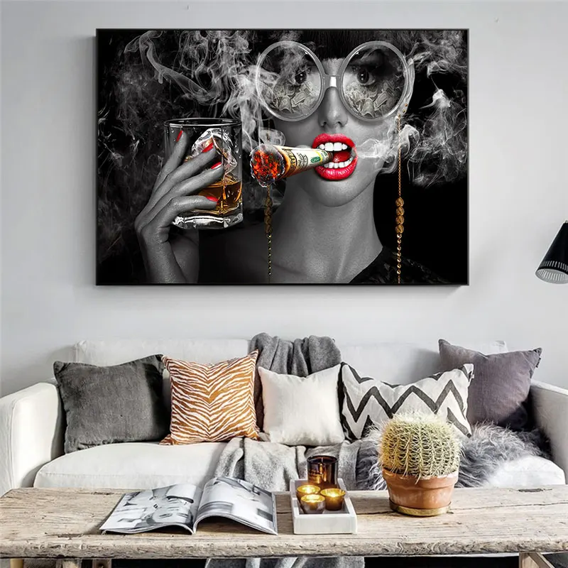 

USD Dollars Wall Art Pictures Modern Black Smoking Girl Canvas Posters Prints Canvas Painting Quadro Decoration Home Decor Art