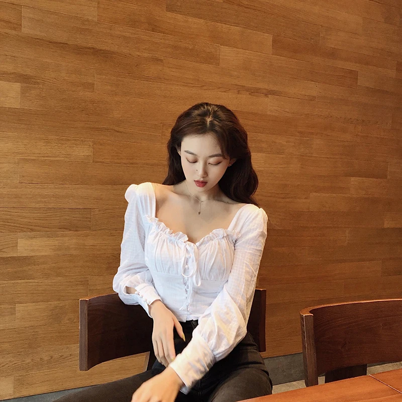 

KUSAHIKI 2021 Spring Short Blouses Vintage Bow Tie Square Collar Puff Sleeve Shirt Slim Elegant Blusas Mujer De Moda 6F318