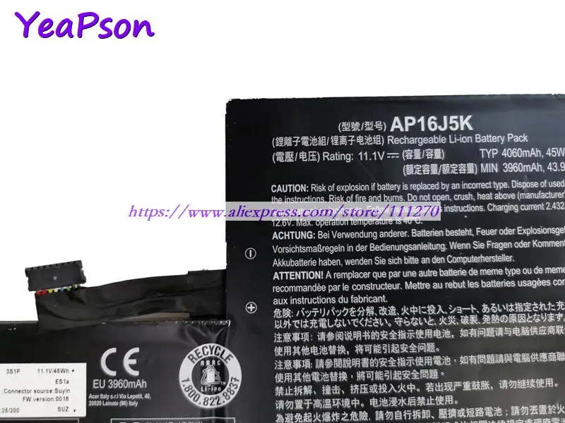 Аккумулятор Yeapson AP16J5K AP16J8K 11 1 В 4060 мАч для ноутбука Acer Chromebook N7 C731-C118 C731T-C96J |