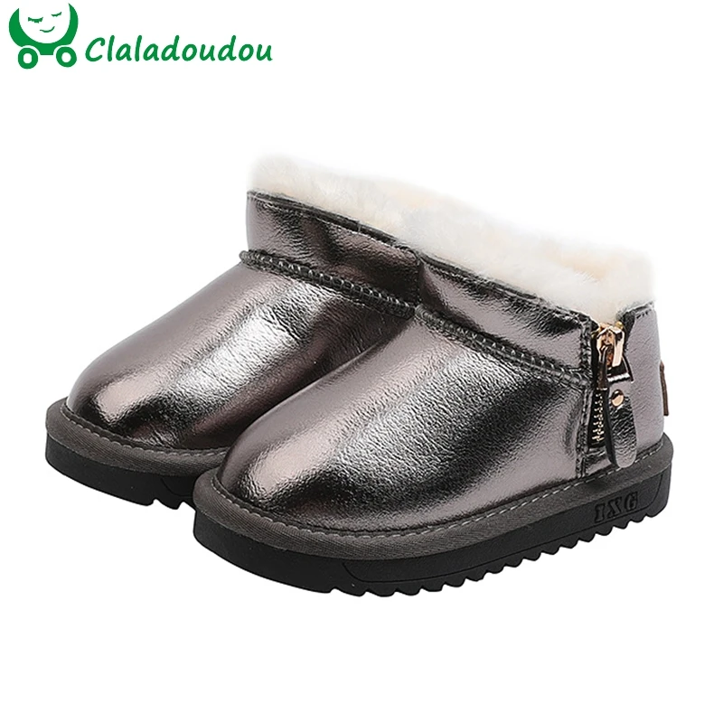 

13.5-22cm Brand Waterproof Pu Leather Kids Snow Boots,Bling Warmer Plush Solid 1-13Years Children Girls Boys Winter Ankle Boots