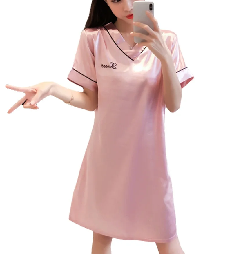 Spring summer new season nightdress Women's short sleeve loose thin ice silk nightgown Korean nightwear skirt female sleepwear