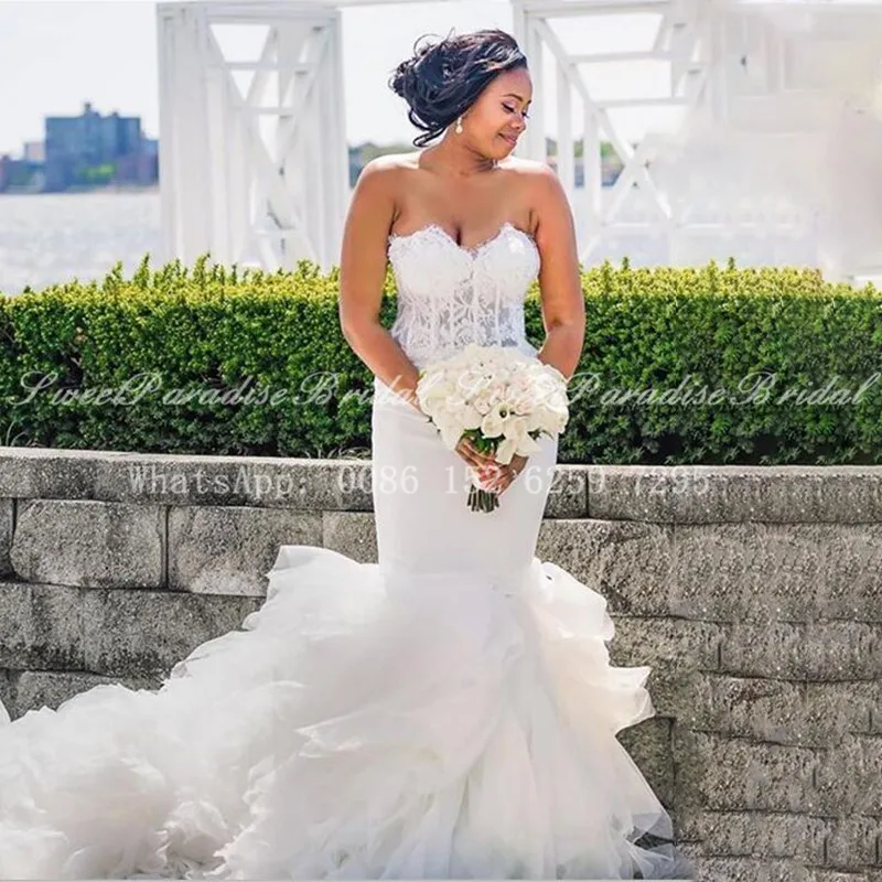 

2020 Mermaid Wedding Dress White Organza Lace Tiered Long Court Train Sweetheart Neck Bridal Dresses Gown Vestidos De Novia