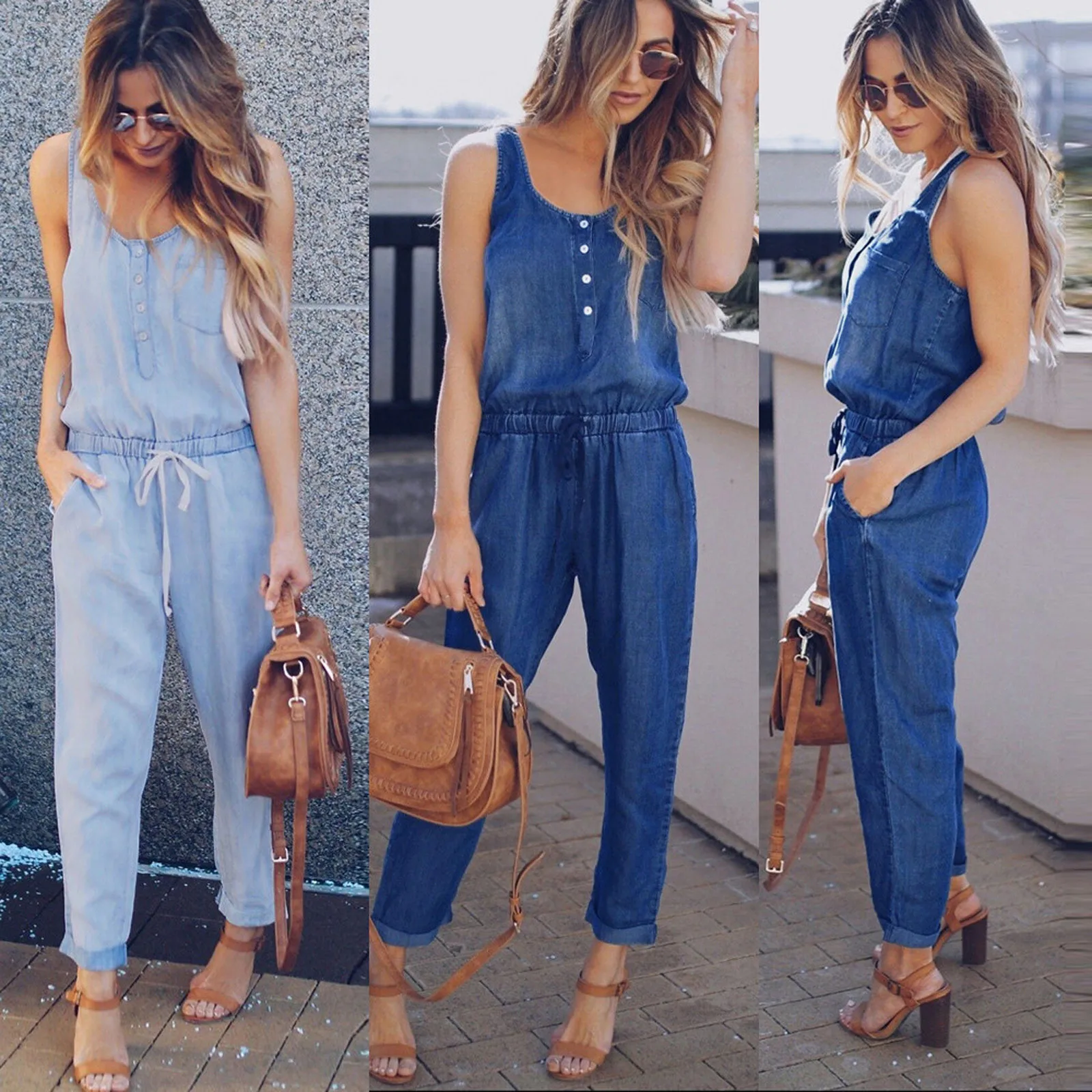

Fashion Overalls for Women 2021 Womens Holiday Playsuit Jeans Demin Elastic Waist Strappy Long Beach Jumpsuit Summer Ropa Mujer