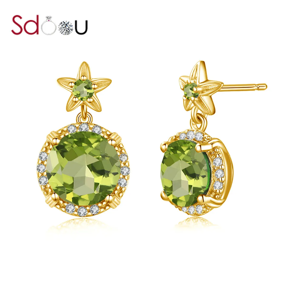 

SDOOU 14k Gold Earrings For Women 925 Sterling Silver Earring New Trendy Flower Peridot With Zircon Famous Brand Jewelry Party