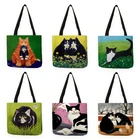 Экологически чистая многоразовая сумка для покупок, креативная женская сумка с принтом кошки в траве, дизайнерская сумка-тоут из льняной ткани, Наплечные сумки B13036