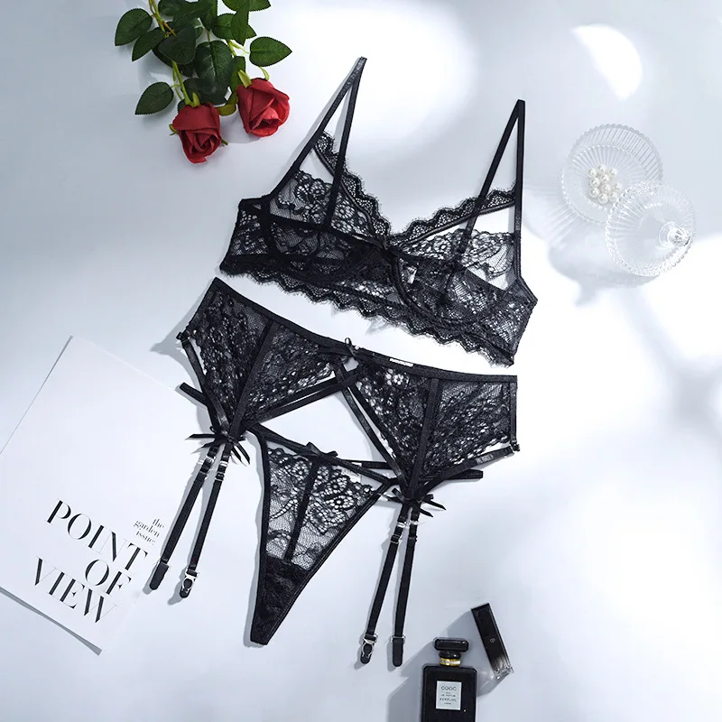 

MeiKeDaiNicey 3-Piece Lace Bra Set Women Bandage Bra Underwire + Panty Underwear Set 2021 Ladies Sexy Lingerie Set