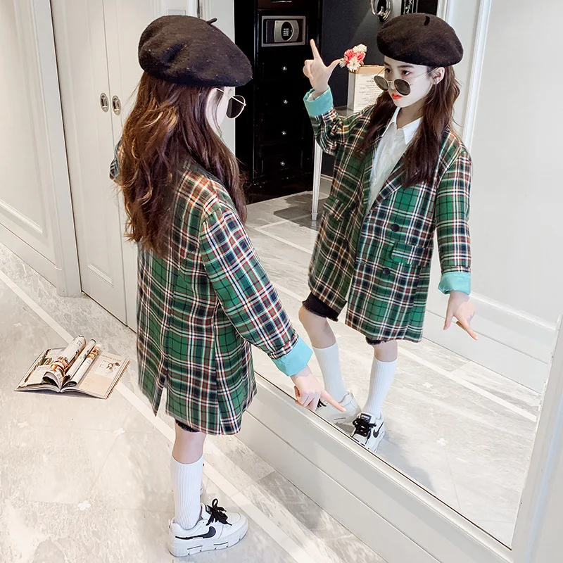 

Kids Jackets for Girls Green Plaid Coat Autumn Long Sleeve Outerwear Children Jackets Fashion Teen Jacket Outfits 8 10 12 Years