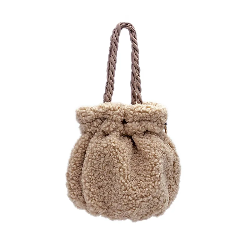 

Winter Women Plush Bucket Shoulder Bag Ladies Crossbody Bags Woolen Handbags Drawstring Pocket Messenger Bag