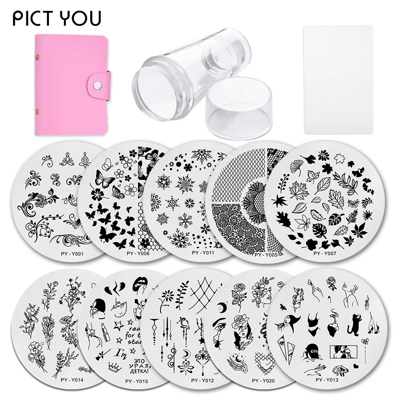 Пластины для стемпинга ногтей 10 шт. трафареты шаблоны прозрачный скребок набор