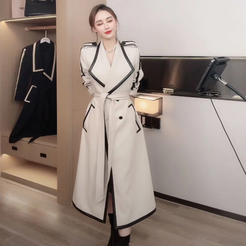 

Женская легкая роскошная кожаная ветровка, Новинка осени 2021, Корейская версия, облегающее зеленое пальто средней длины