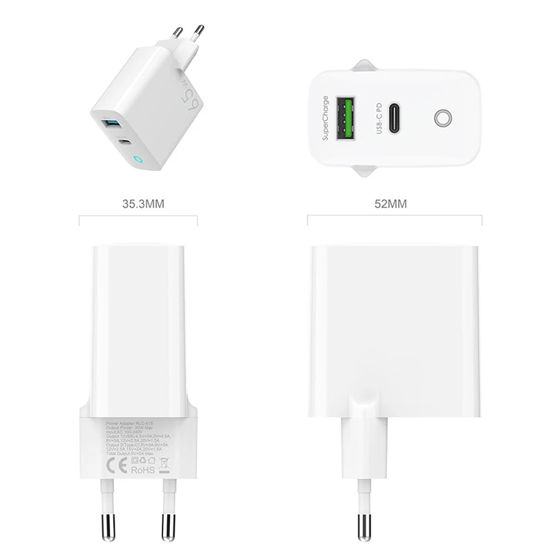 

NOHON 65W GaN Charger USB C Quick Charge 4.0 3.0 Type C PD Charger Portable Fast Charger for iPhone Xiaomi Tablet Laptop EU Plug