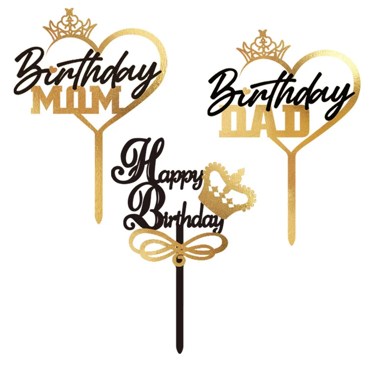 

Double Layers Crown Black Gold Mom Dad Happy Birthday Cake Topper Father Mother Daddy Mommy Acrylic Cake Decoration