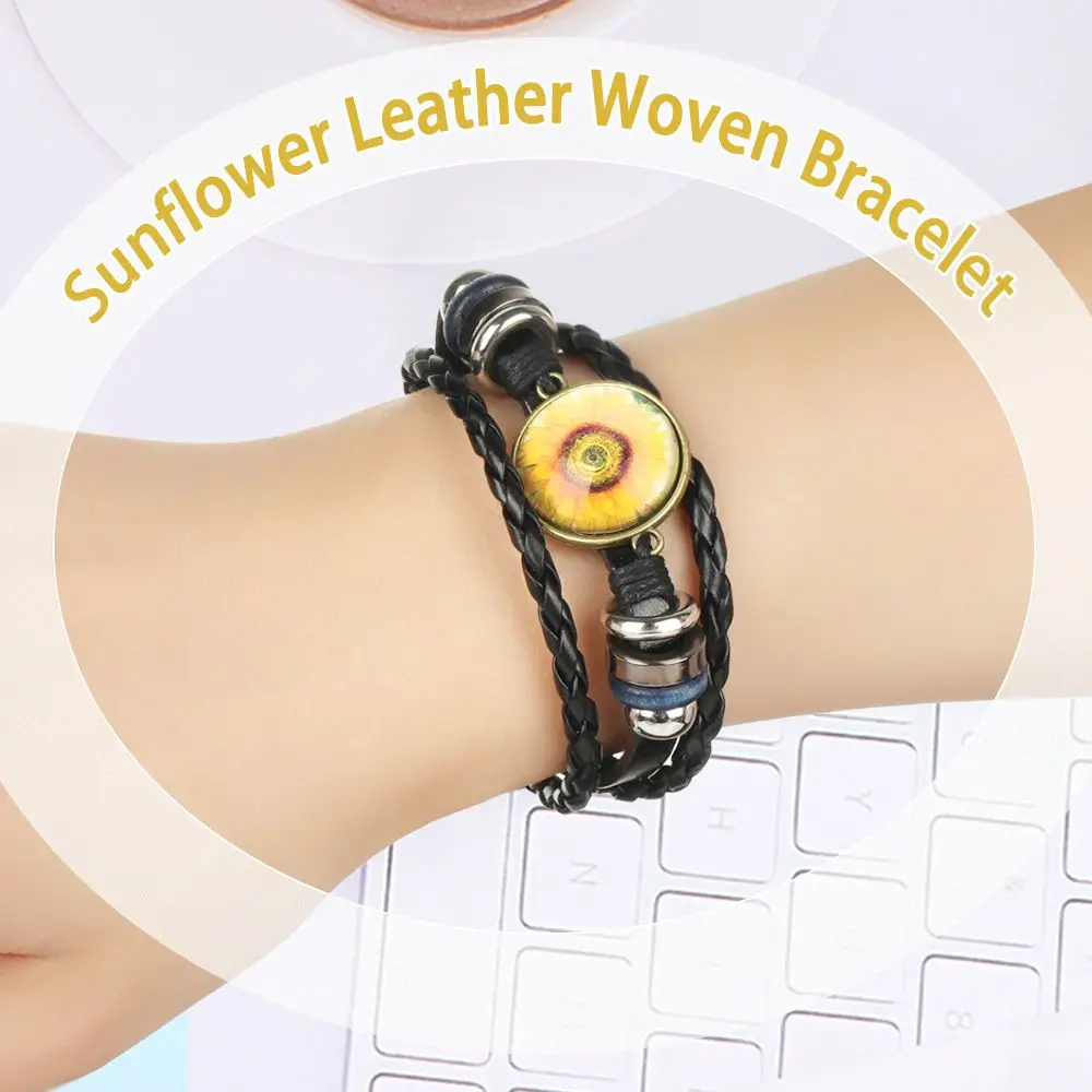 

Jewelry Snap Button Charm Bracelet Time Gemstone Sunflower Glass Art Woven Hand Rope Sunflower Leather Woven Bracelet