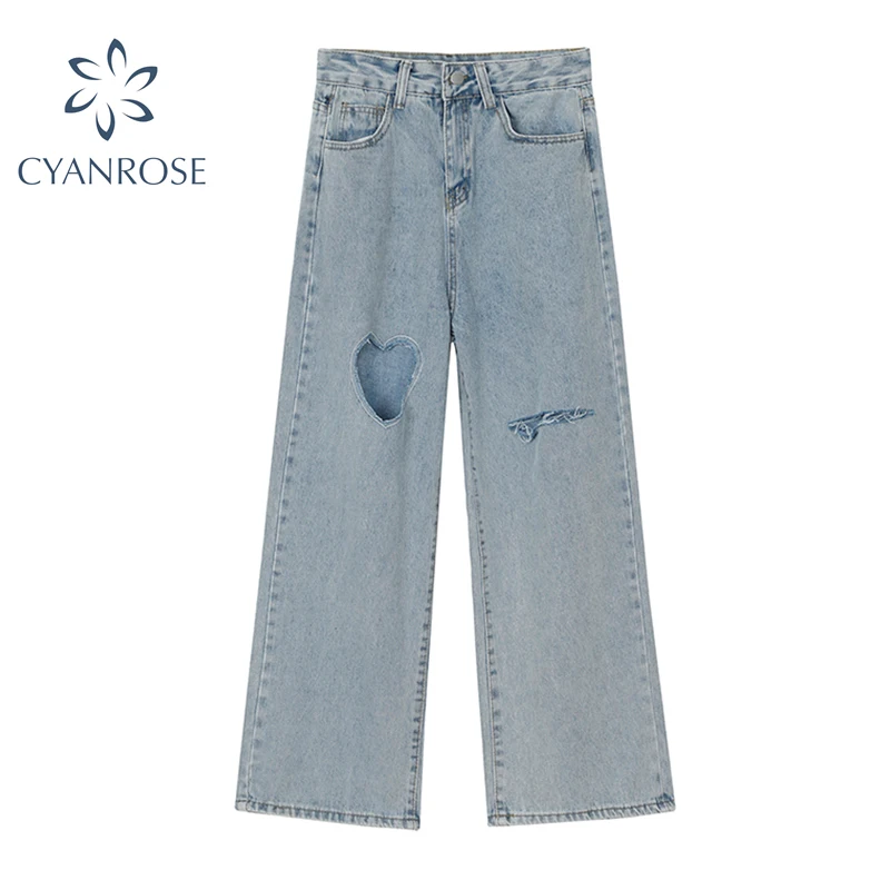 

Ripped Jeans For Women High Waist Loose Casual Long Trouser Summer 2021 Korean Streetwear All-Match Wide Leg Denim Pants Female