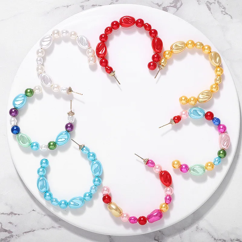 

Bohemian Simulated Open Colorful Irregular Pearl Earrings For Women 2019 New Geometric Big Gold Hoop Earrings Wedding Jewelry