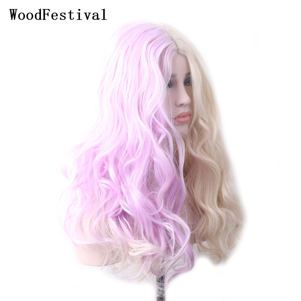 

WoodFestival Synthetic Long Hair Wavy Ombre Wig For Women Colored Cosplay Wigs Two Tone Pink Blonde Black Purple Blue Red Green