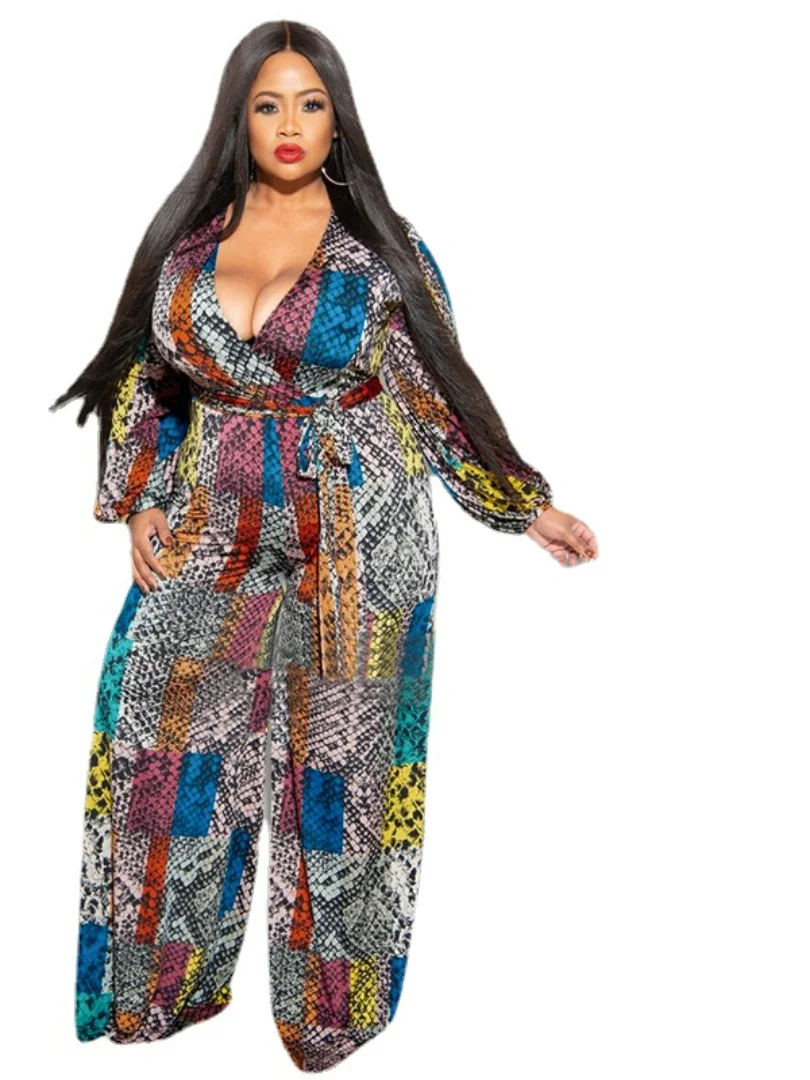 

Large Women's 2021 Autumn And Winter Printed V-Neck Long Sleeve Jumpsuit Leisure Fashion Trend New Flower Style