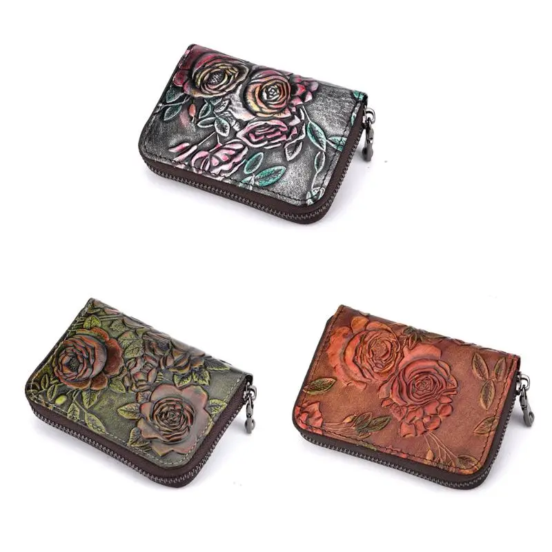 

Small Leather Wallet Floral Embossed Credit Card Holder Mini Purse Zipper Case Organizer for Women New 2021