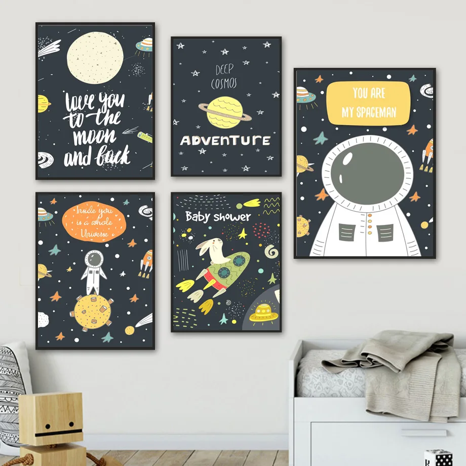 

Moon Planet Astronaut Rocket Rabbit Cartoon Wall Art Canvas Painting Nordic Posters And Prints Wall Pictures Kids Room Decor