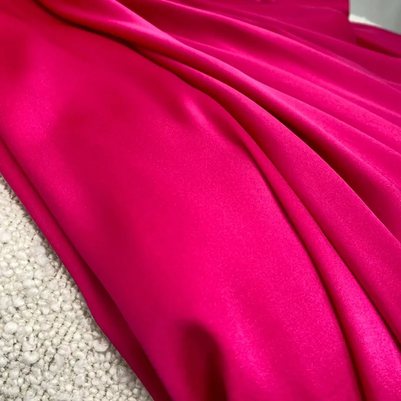 

2021 New Summer Women Fashion Rose Red Long Sleeve High Quality Silk V-neck Mid-calf Dresses