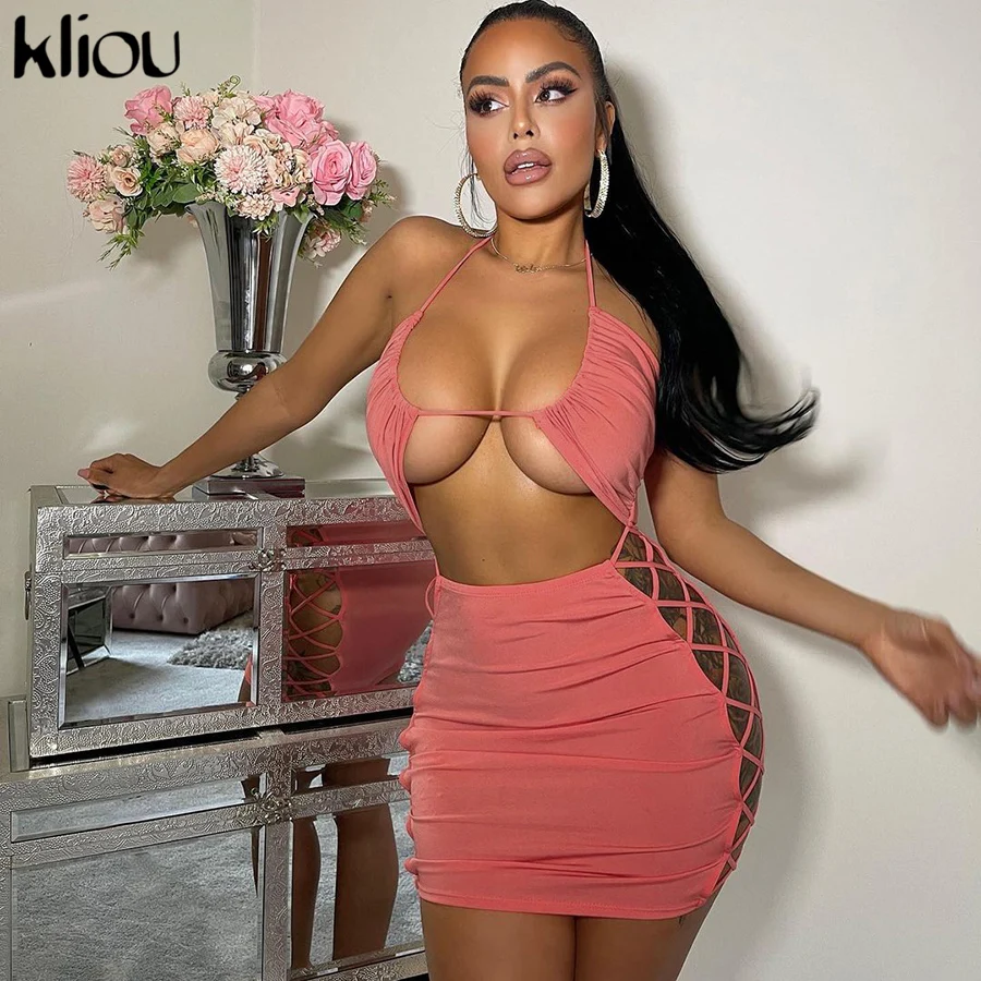 Kliou Бандажное платье с вырезом на шее женское сексуальное клубное мини