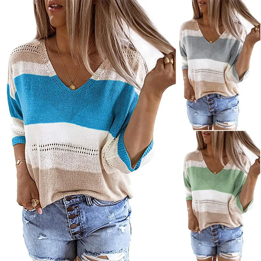 

Women Casual Long Sleeve Stripes Color Block Hollow Out Knitwear Blouse Sweater