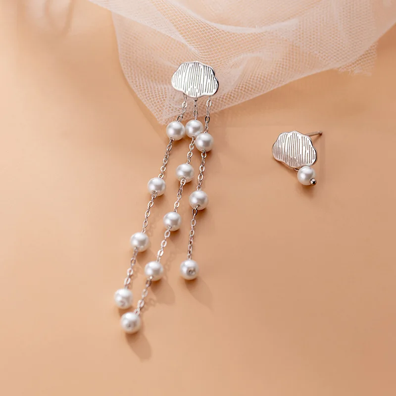 

MloveAcc Minimalist Genuine 925 Sterling Silver Asymmetric Cloud Tassel Synthesis Pearls Stud Earrings for Women Wedding Jewelry